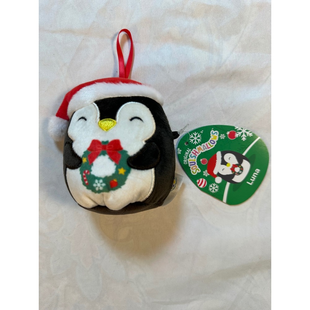Squishmallows 4 Inch Luna the Penguin Christmas Ornament Santa Hat Wreath 2023